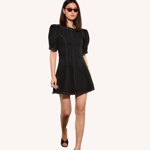 R.G. Kane Helena Black Mini Dress Dramatic Puff Sleeve Fit Flare NWTs size large